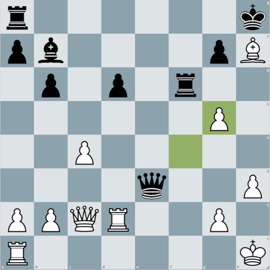 Weiß: Kg1 Dc2 Ta1 Td1 Lh7 a2 b2 c4 g2 g5 h3; Schwarz: Kh8 De3 Ta8 Tf6 Lb7 a7 b6 d6 g7